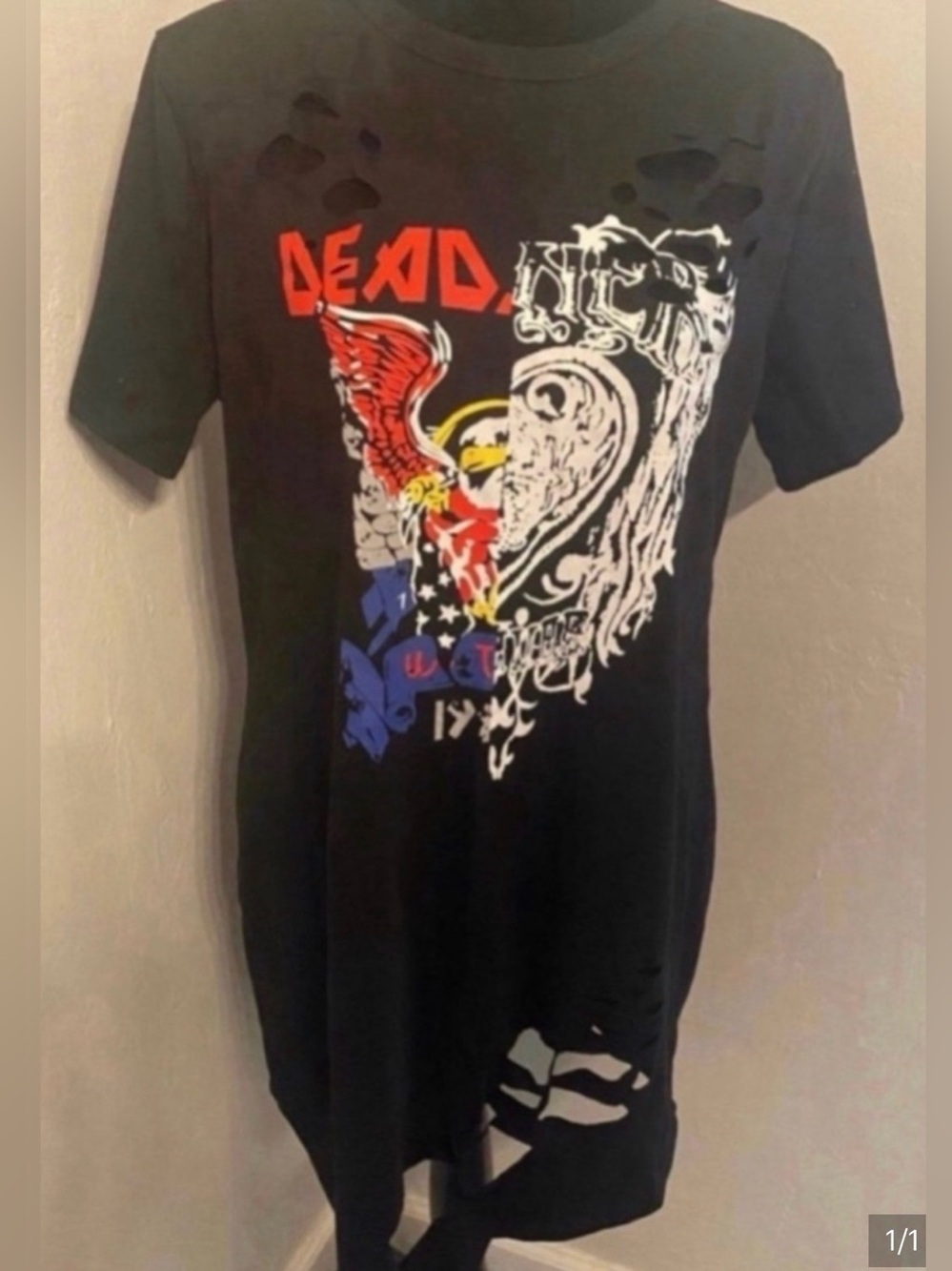 Women’s Black Graphic Distressed T-Shirt with Red and White Print (Size S)